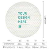 Personalized round tablecloth with heart pattern, 'YOUR DESIGN HERE' option, available in multiple sizes.