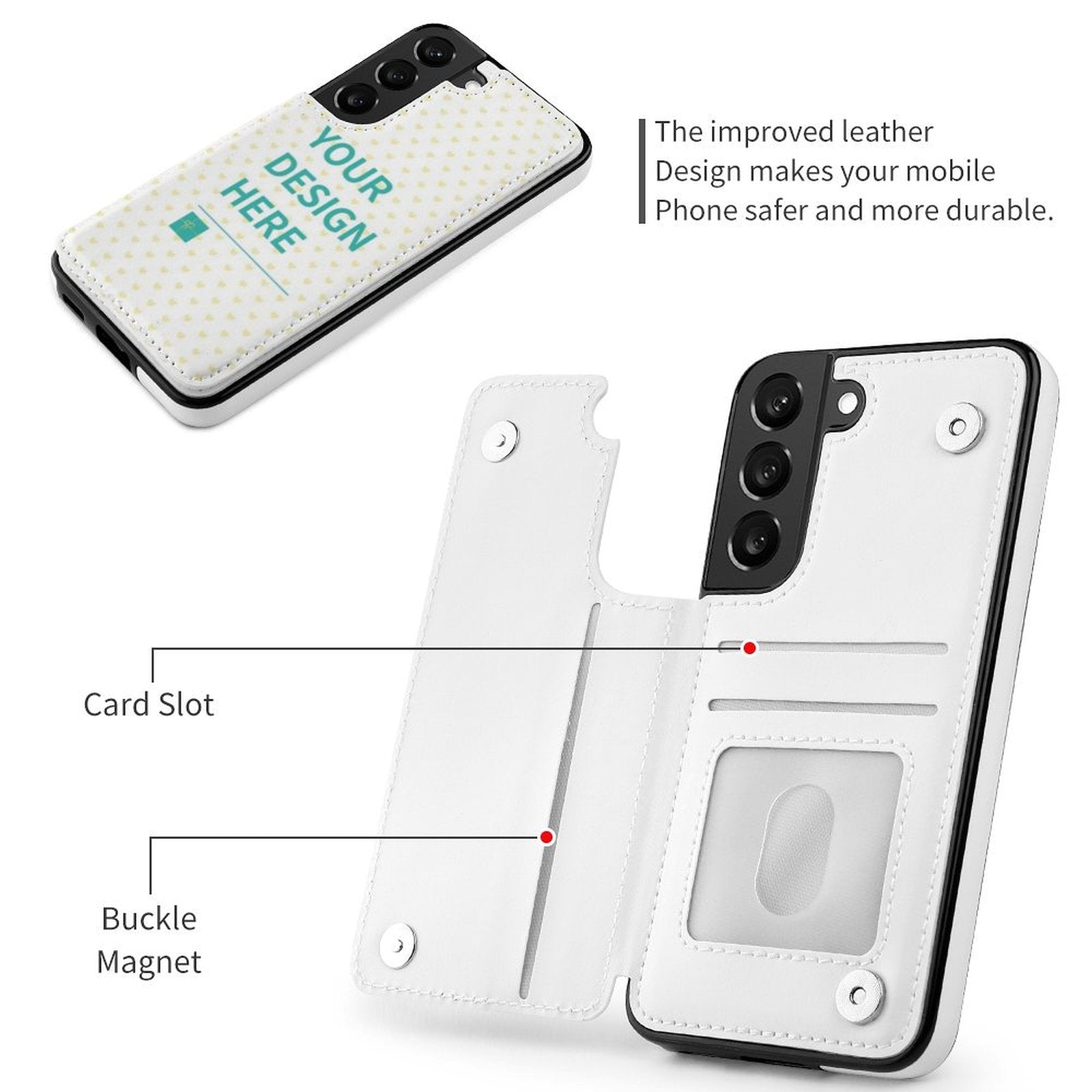 White PU leather Samsung Galaxy S22 flip cover with card slot and customizable design, protective phone case.