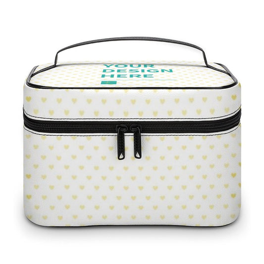Personalized makeup bag with heart pattern, featuring lychee pattern leather and custom design.