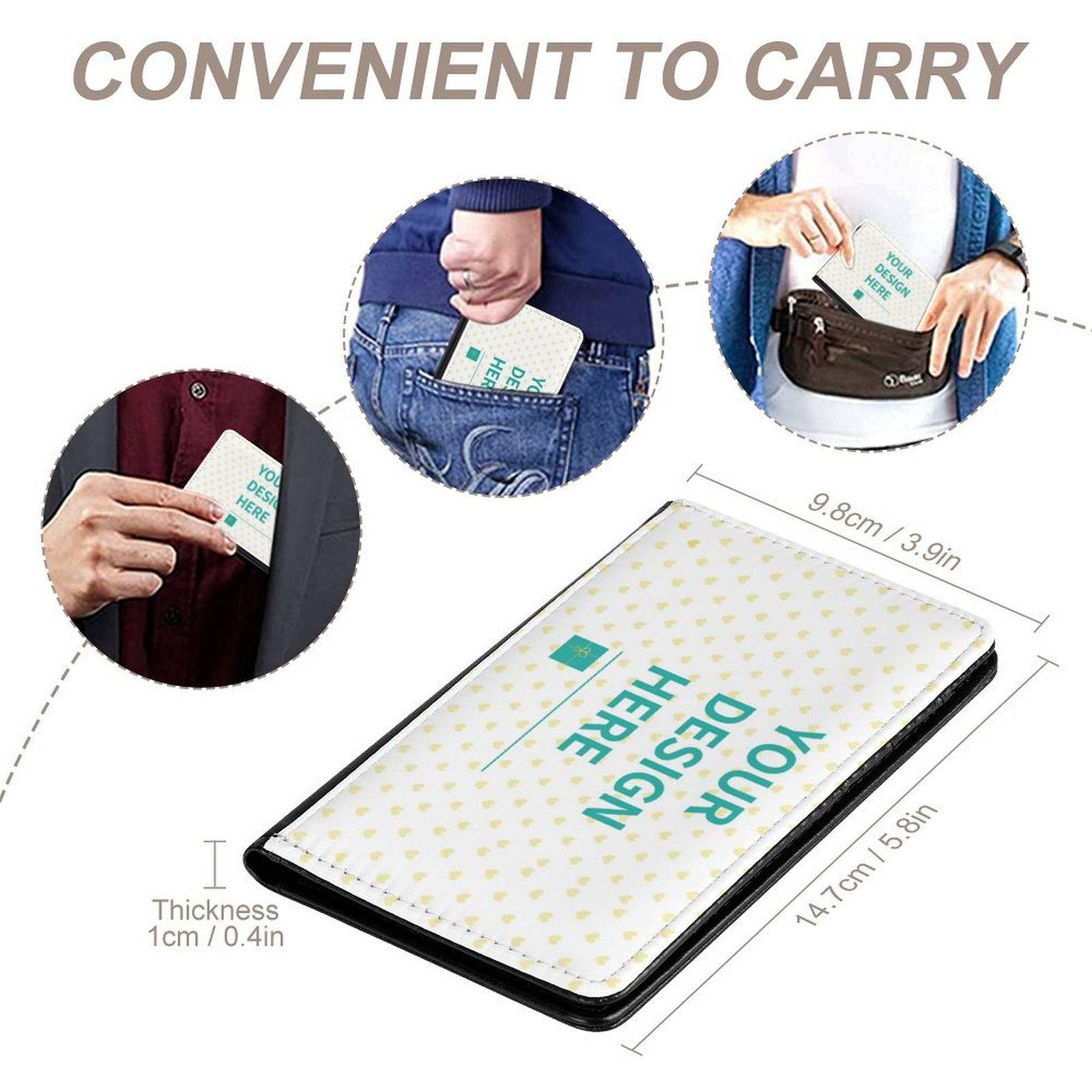 Customizable PU passport holder, convenient to carry, personalized travel gift for women and men with 'YOUR DESIGN HERE' text