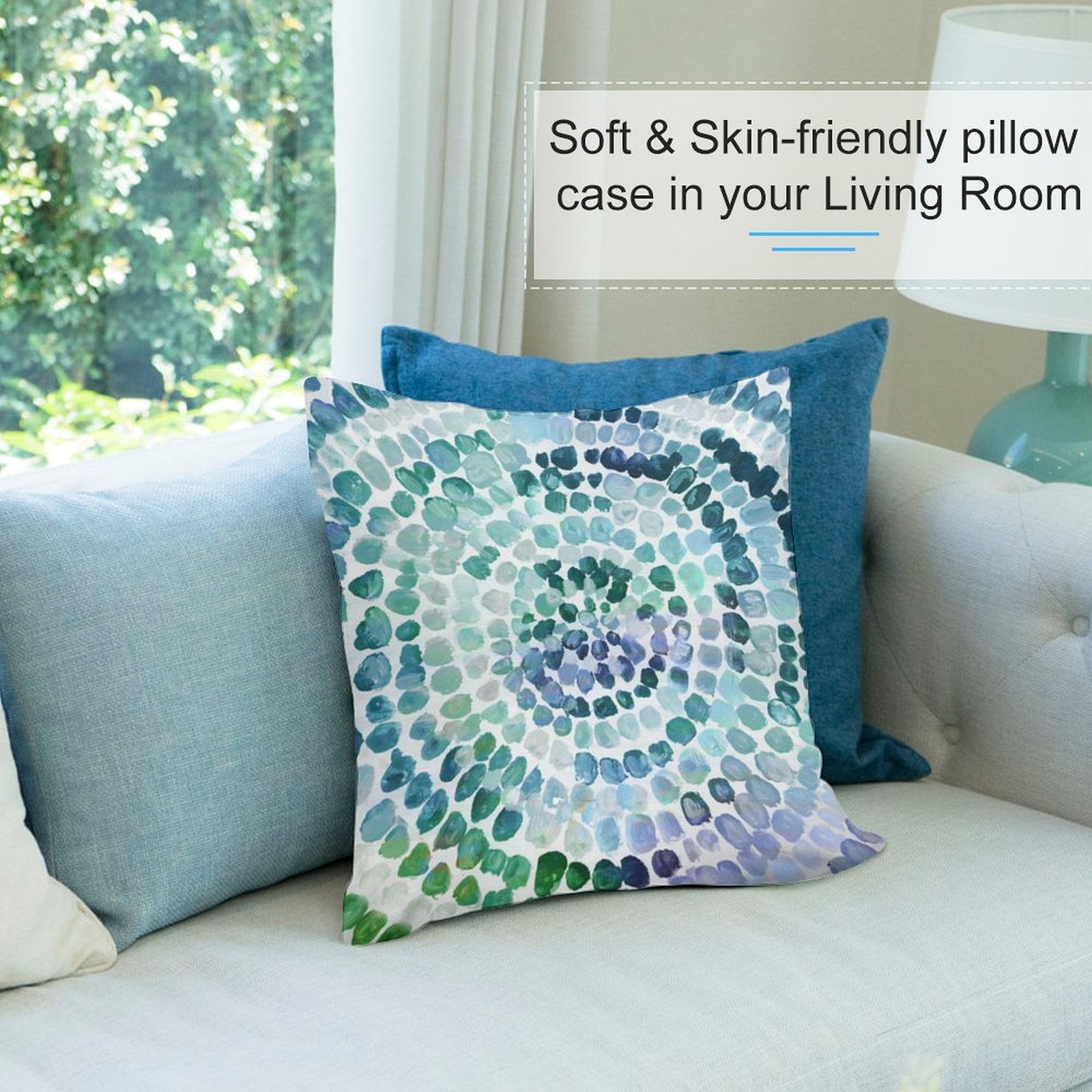 Blue and green spiral pattern throw pillow on sofa, soft plush cover, living room decor