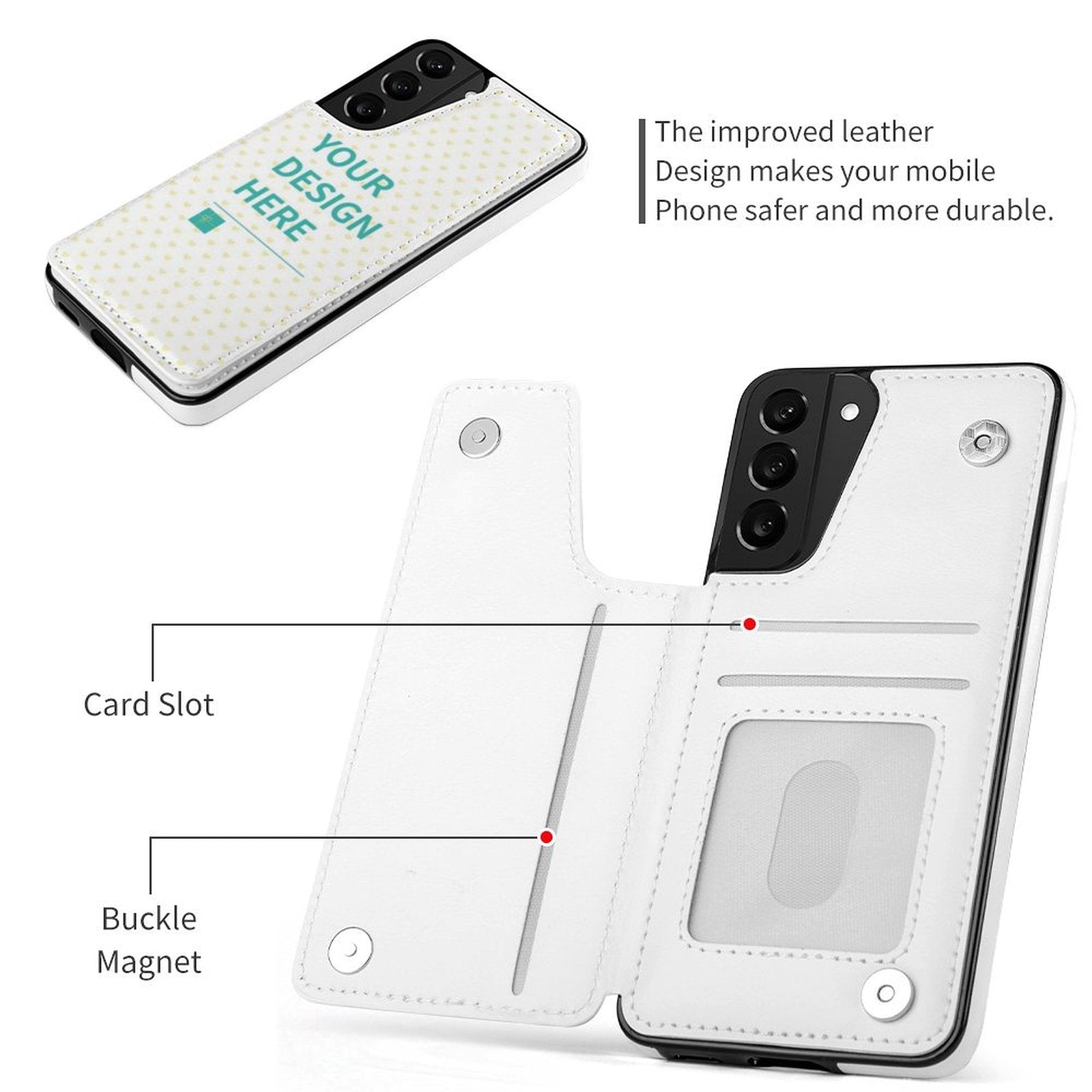 Samsung Galaxy S21 personalized PU leather flip phone case with card slot, white, "YOUR DESIGN HERE" design