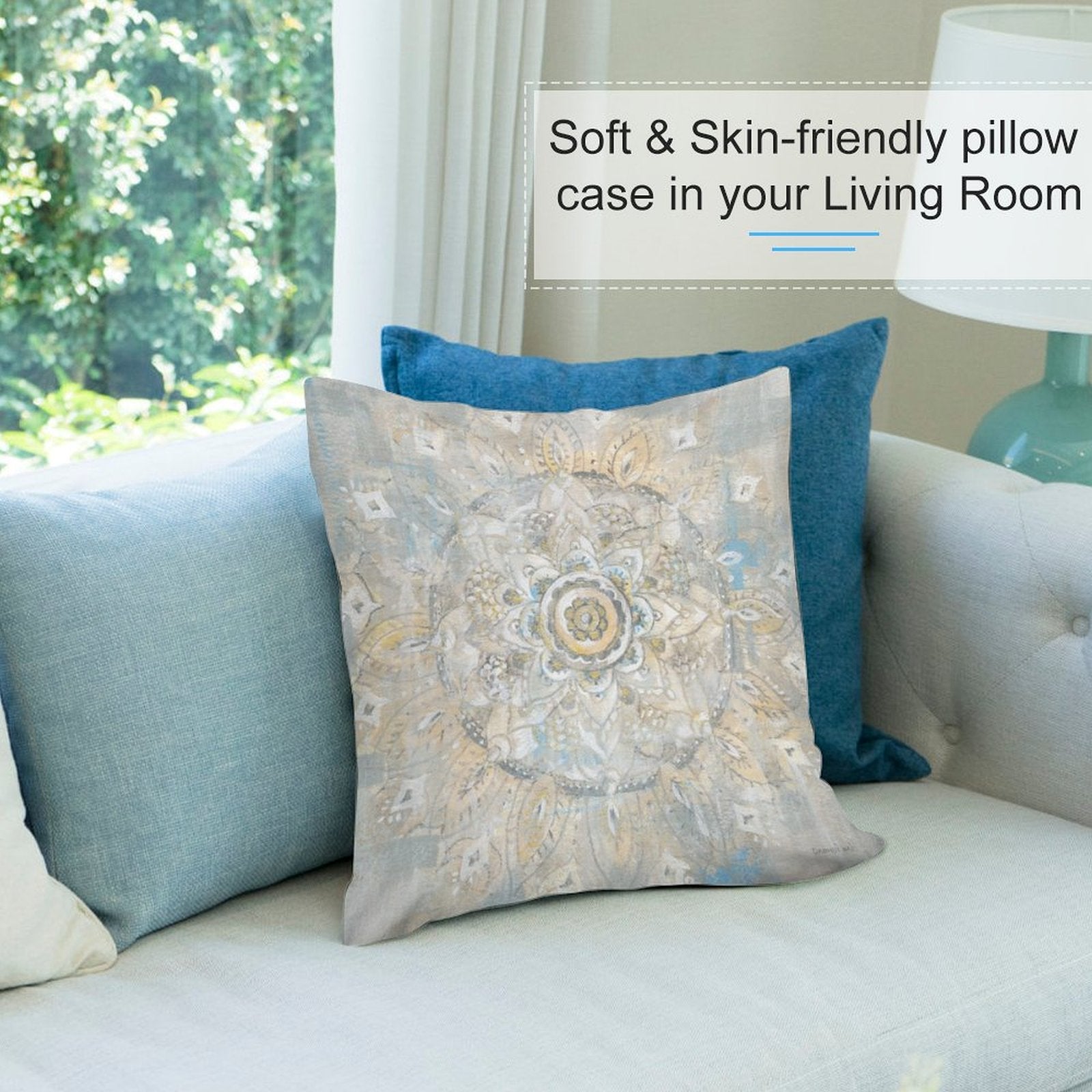 Soft plush pillow cover with mandala design on a sofa, ideal for living room decor.