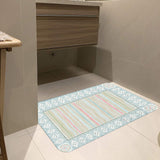 Indoor/Outdoor door mat with pastel stripes, blue and geometric border, perfect for bathroom decor.