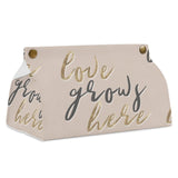 Beige PU tissue box cover with 'Love Grows Here' design, ideal for home or office decor.
