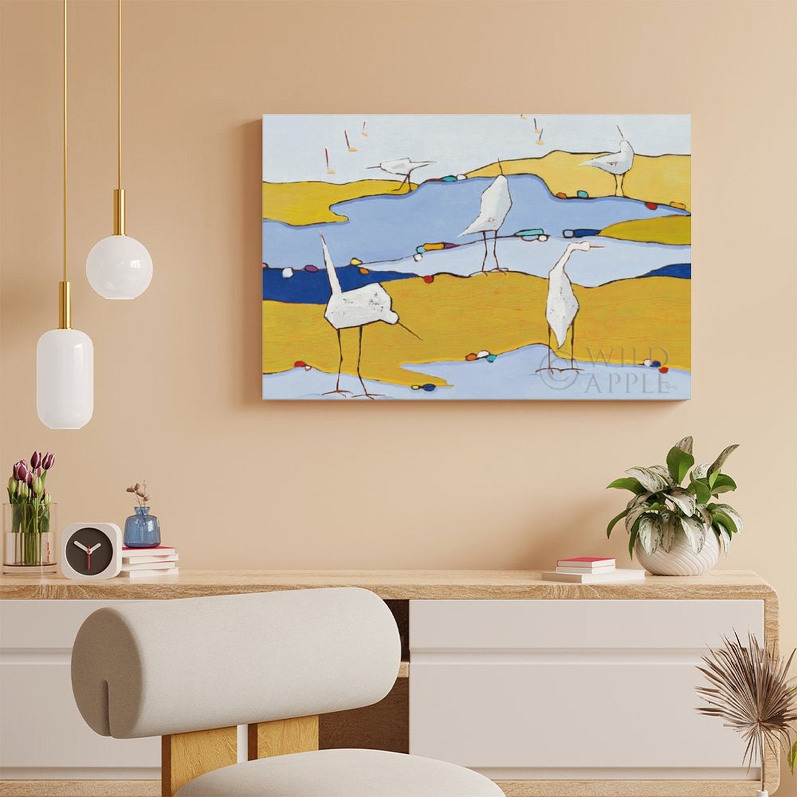 Abstract canvas print with white birds on yellow and blue landscape, Wild Apple wall art, canvas wall art for family