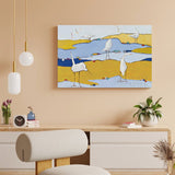 Abstract canvas print with white birds on yellow and blue landscape, Wild Apple wall art, canvas wall art for family