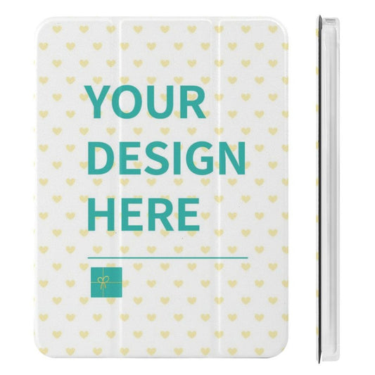 Custom iPad Mini Case featuring "Your Design Here" text on a white background with yellow hearts, personalized gift