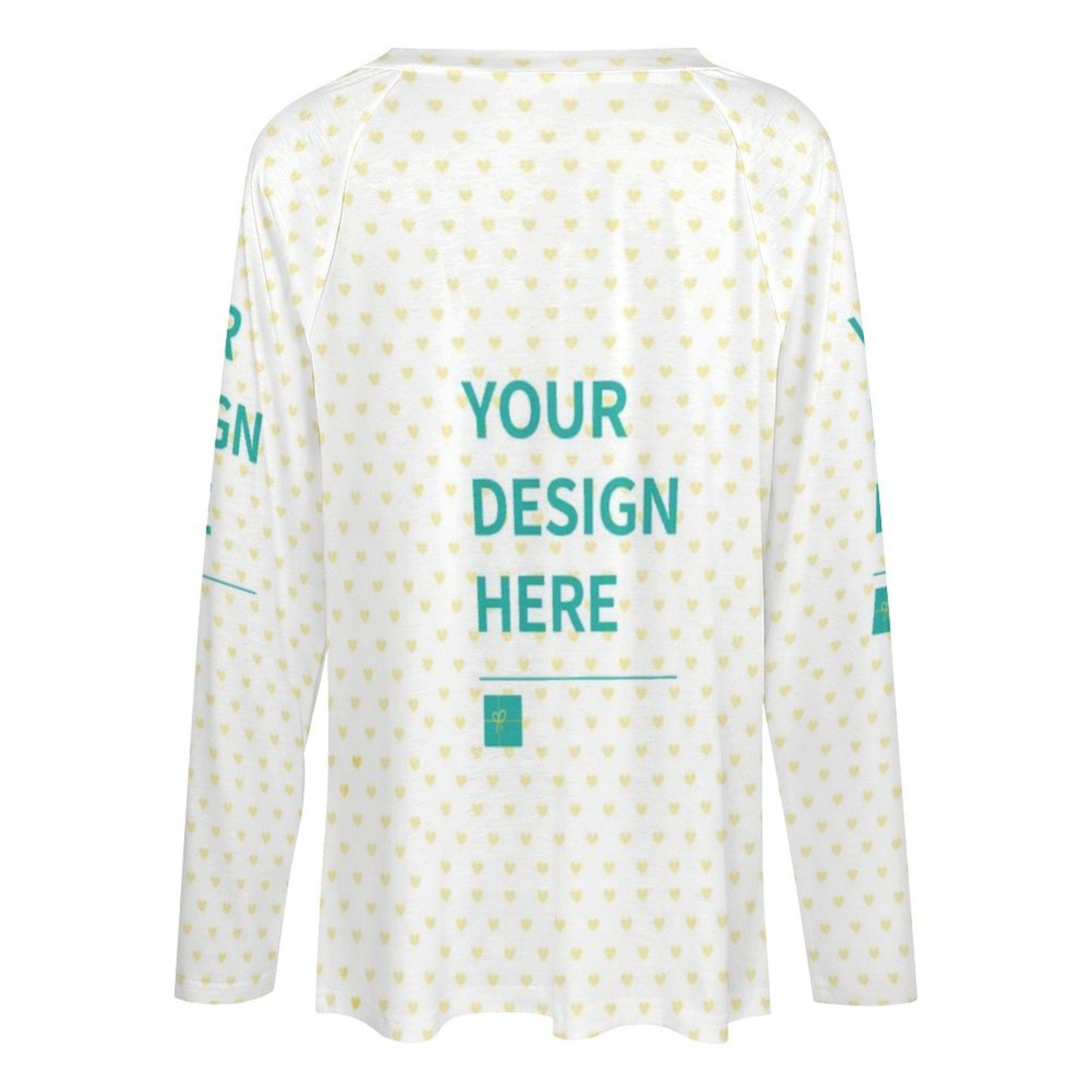 Custom V-neck long sleeve tee with heart pattern. Features 'Your Design Here' on white shirt, MyArtsyGift.