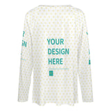 Custom V-neck long sleeve tee with heart pattern. Features 'Your Design Here' on white shirt, MyArtsyGift.
