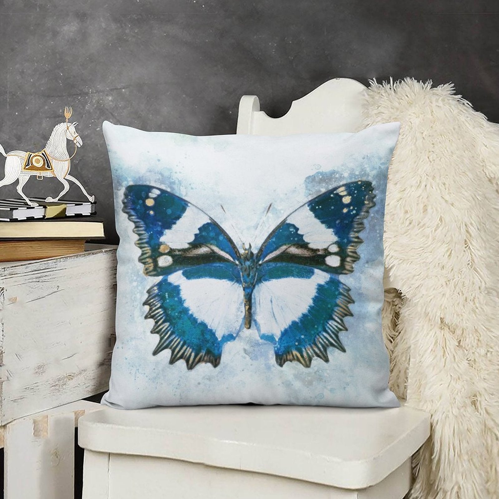 Watercolor butterfly pillow cover, blue and white design, soft short plush material for sofa and living room