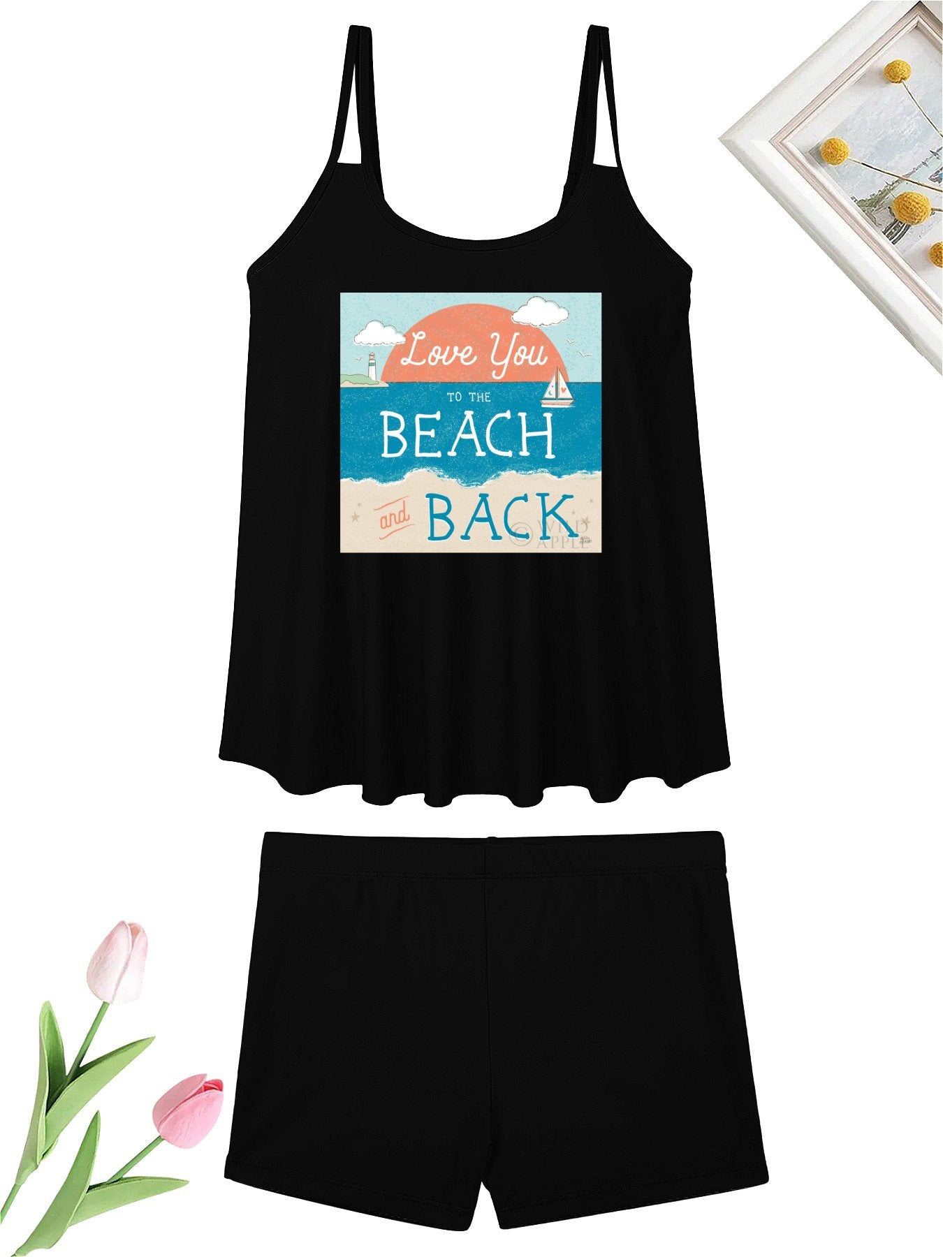 Black tankini swimsuit with beach graphic and Love You To The Beach And Back text, ideal for vacations