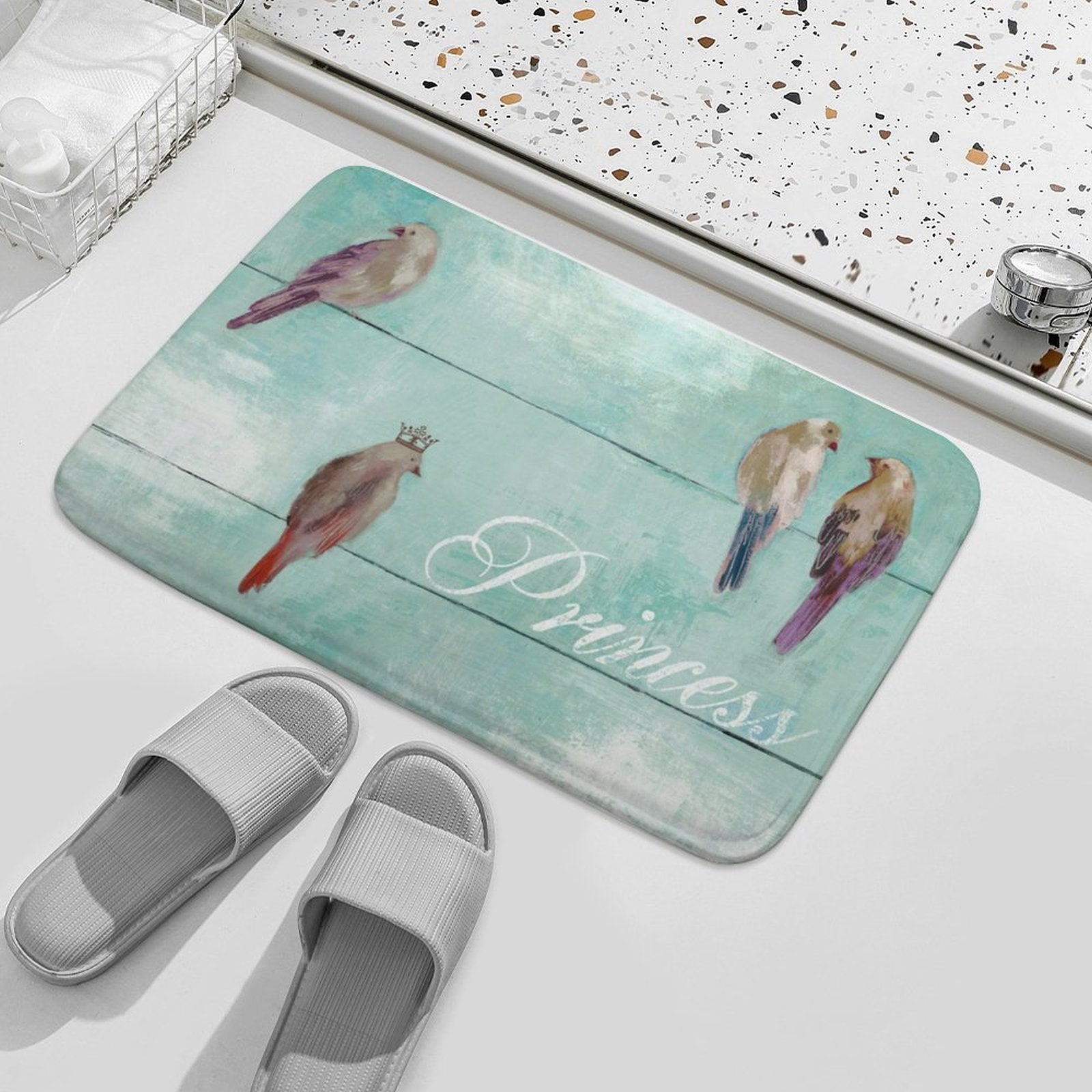 Coral velvet bath rug with princess bird design for bathroom decor, non-slip and quick-dry.