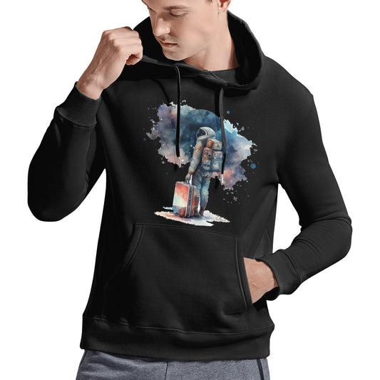 Ben Heine Astro Cruise Gildan Men's Hooded Sweatshirt featuring an astronaut with luggage, black cotton hoodie
