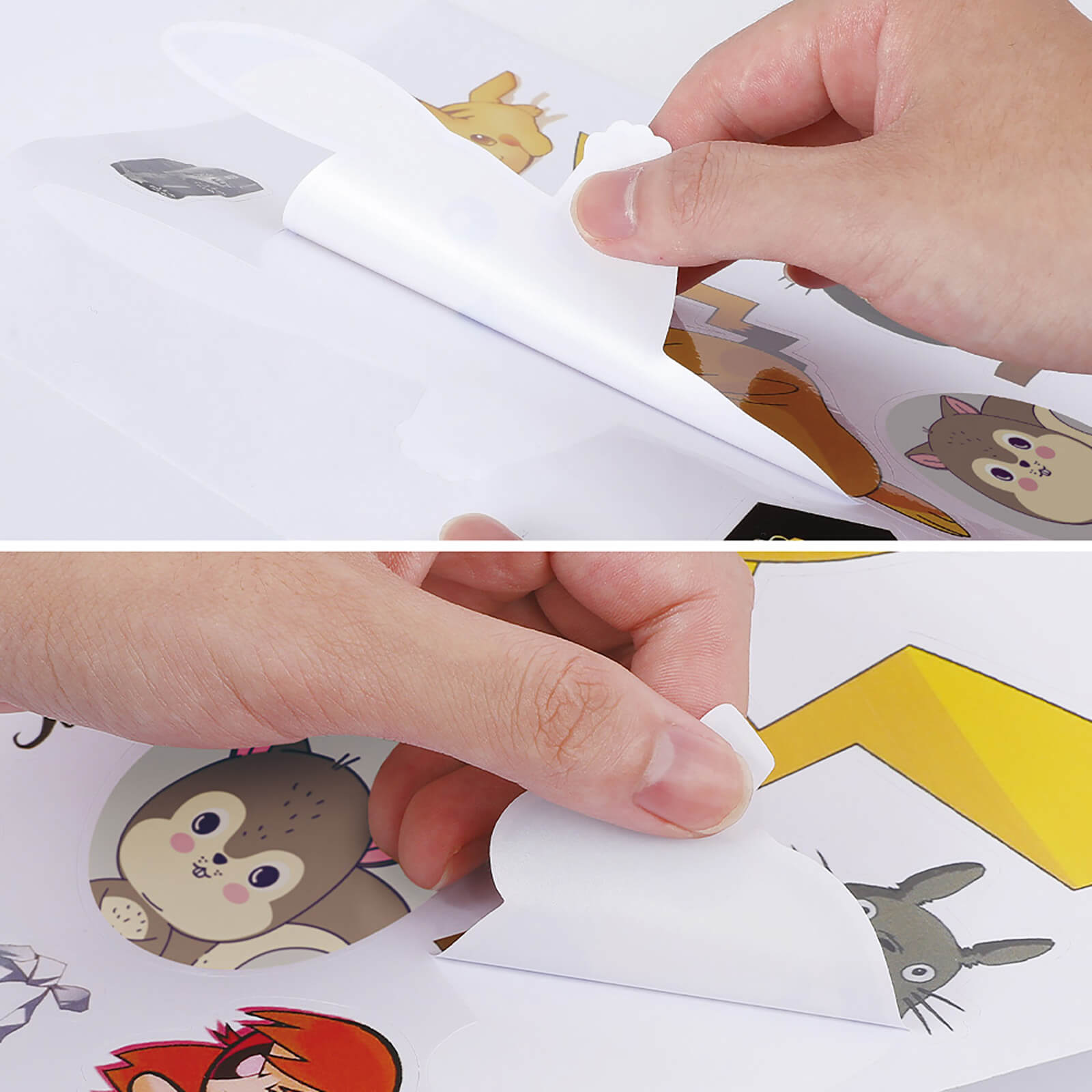Peeling custom stickers with cartoon designs, showcasing personalized labels for laptops, gifts, and packaging.