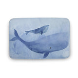 Coral velvet bath rug featuring a blue whale watercolor design, ideal for bathrooms, non-slip and absorbent.