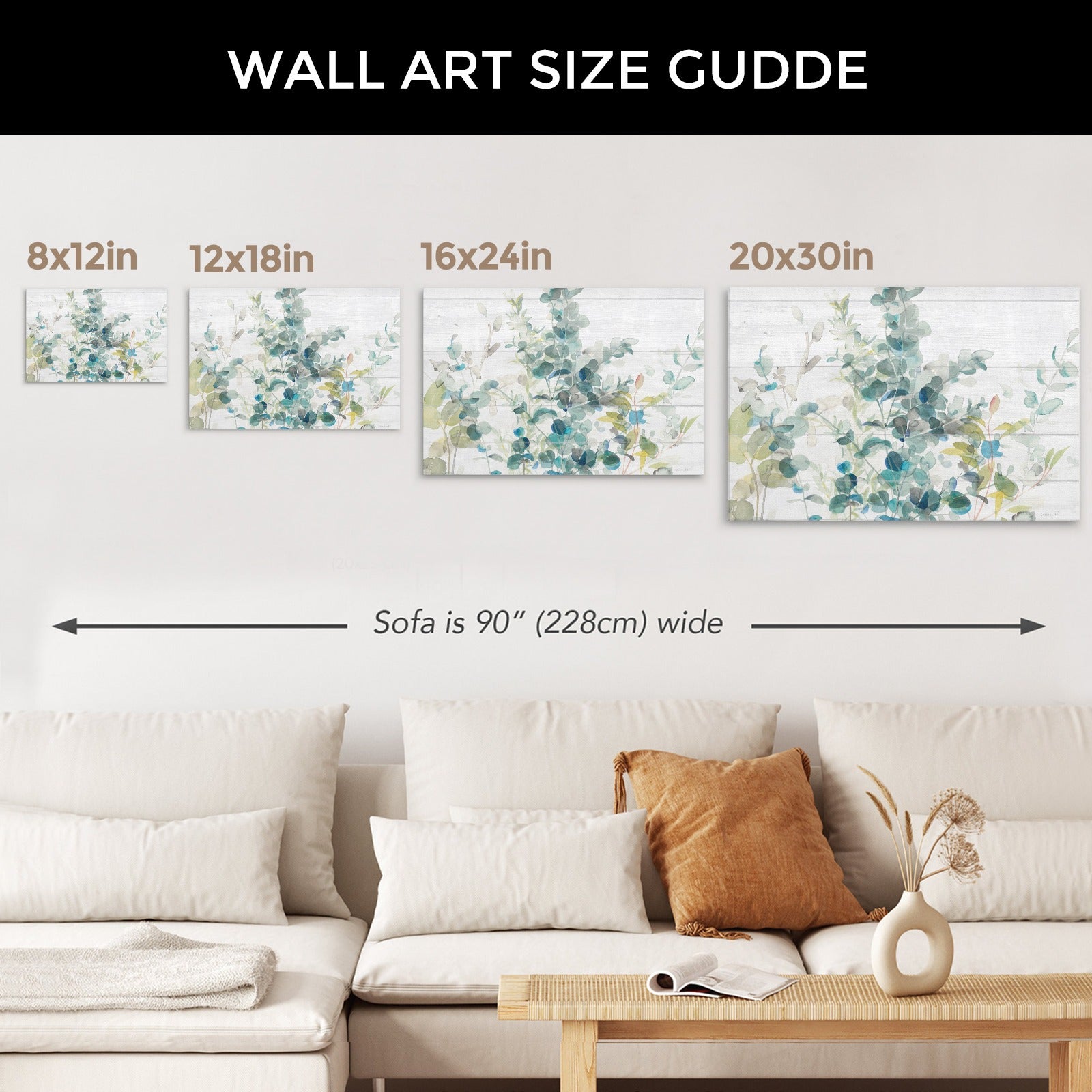 Eucalyptus I on Shiplap Canvas Print size guide, watercolor art, featuring 8x12in, 12x18in, 16x24in, and 20x30in options