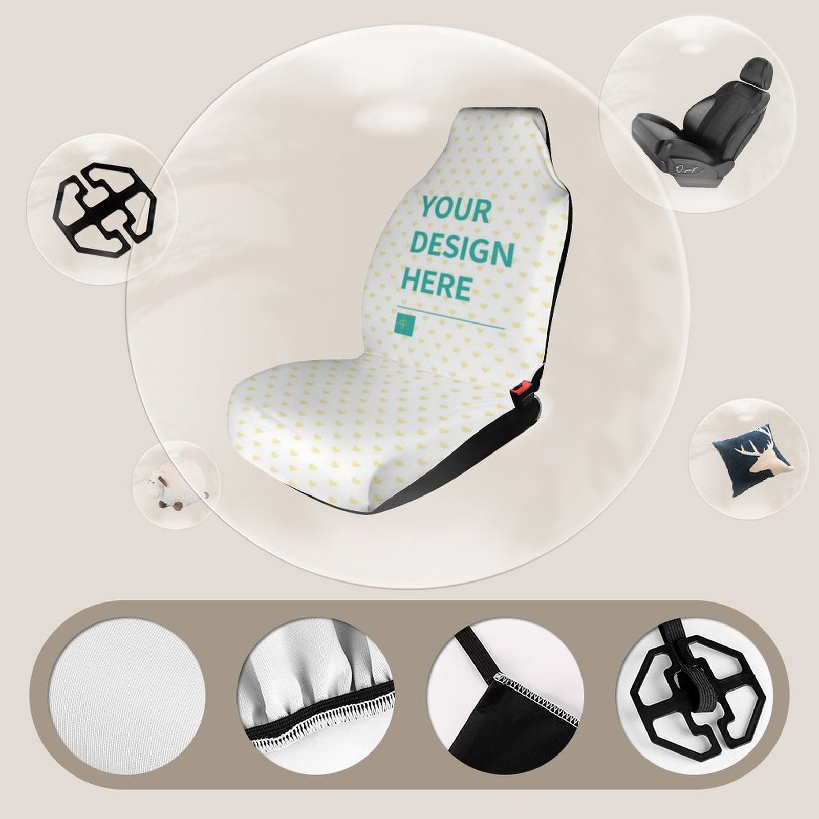 Customizable car seat cover, white with yellow hearts, featuring "YOUR DESIGN HERE" design, breathable and soft material.