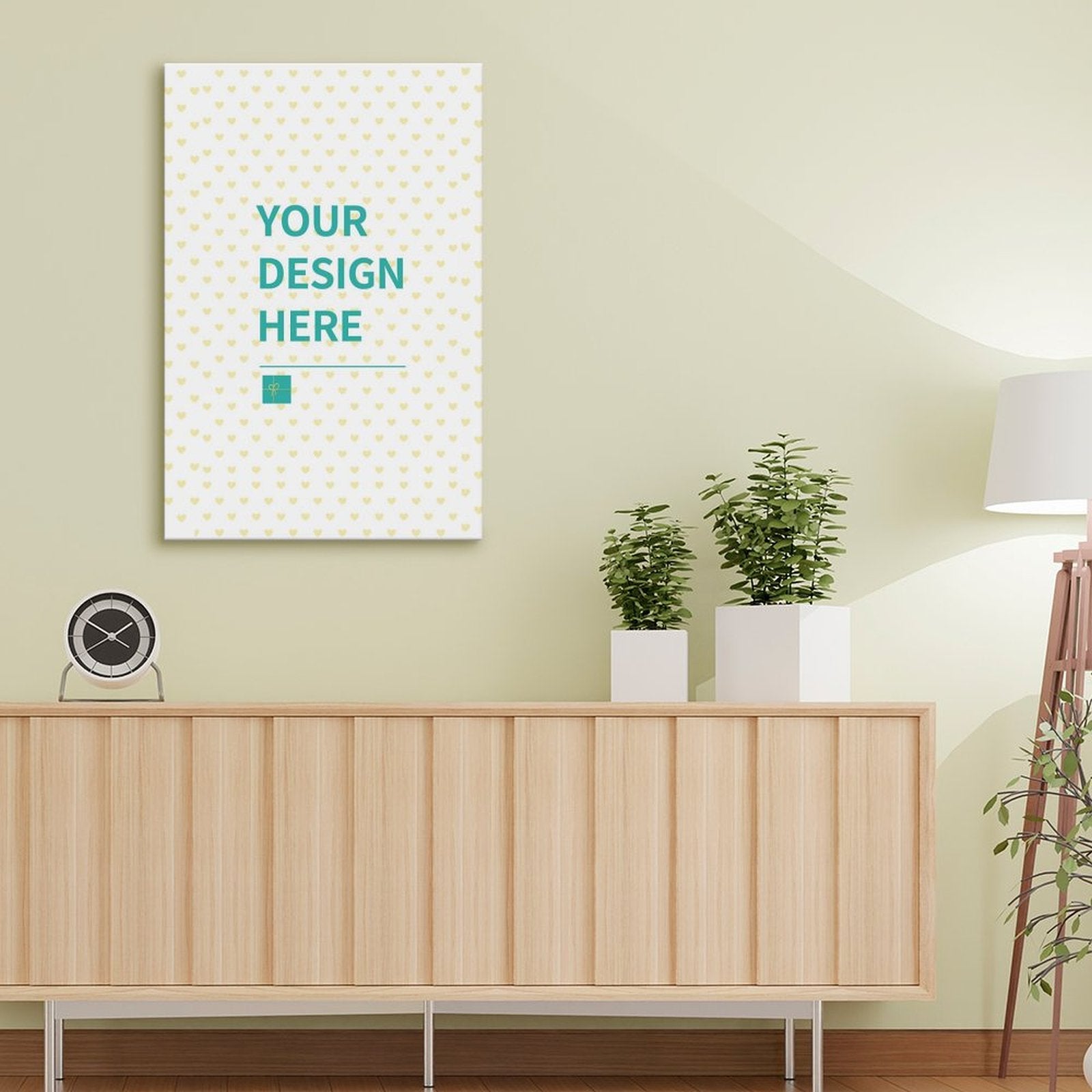 Custom canvas print mockup with "YOUR DESIGN HERE", wall art, showcasing personalized pictures on canvas.
