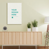Custom canvas print mockup with "YOUR DESIGN HERE", wall art, showcasing personalized pictures on canvas.
