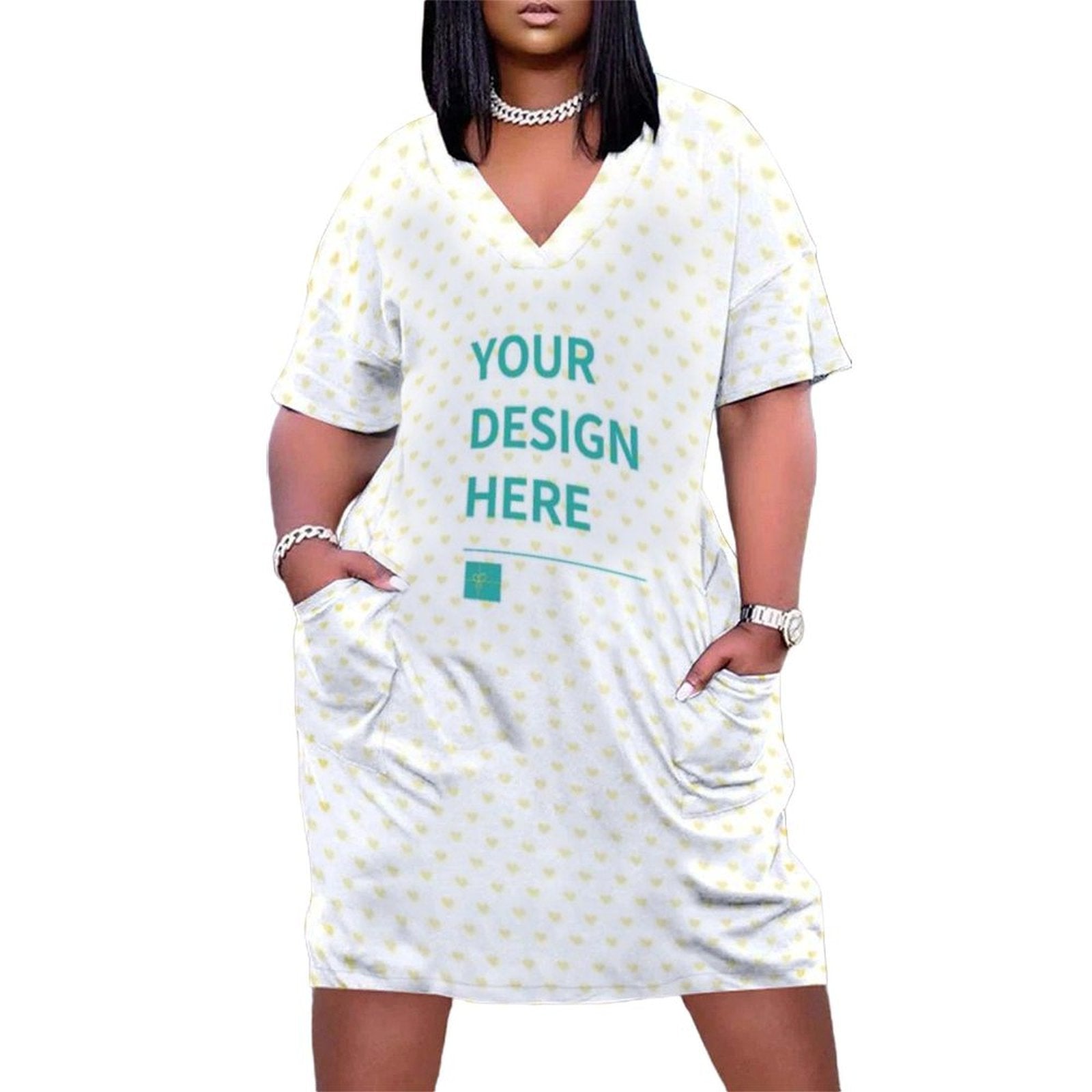 Customizable Women's Summer Dress with Pockets. Featuring V-neck design, heart pattern, and 'Your Design Here' text.