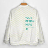 Custom white baseball jacket with heart pattern and 'YOUR DESIGN HERE' text. Personalized gifts.