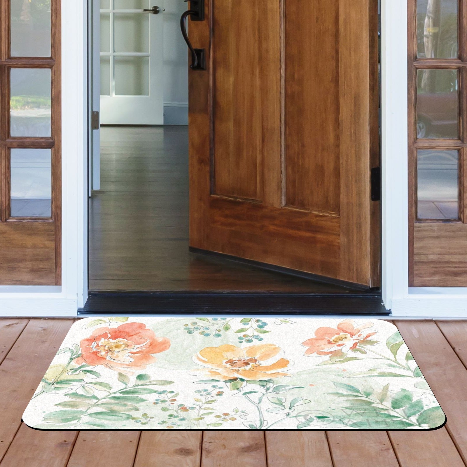 Watercolor floral entrance doormat with rubber backing, for indoor or outdoor use.