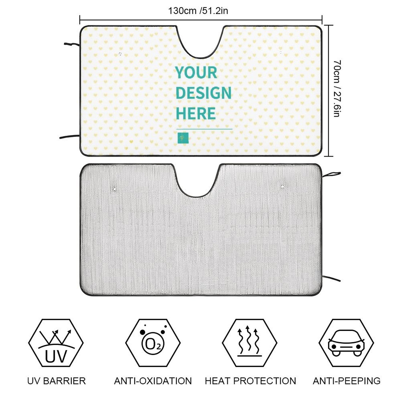 Personalized car windshield sunshade, custom design, provides UV and heat protection, keeps car cool.