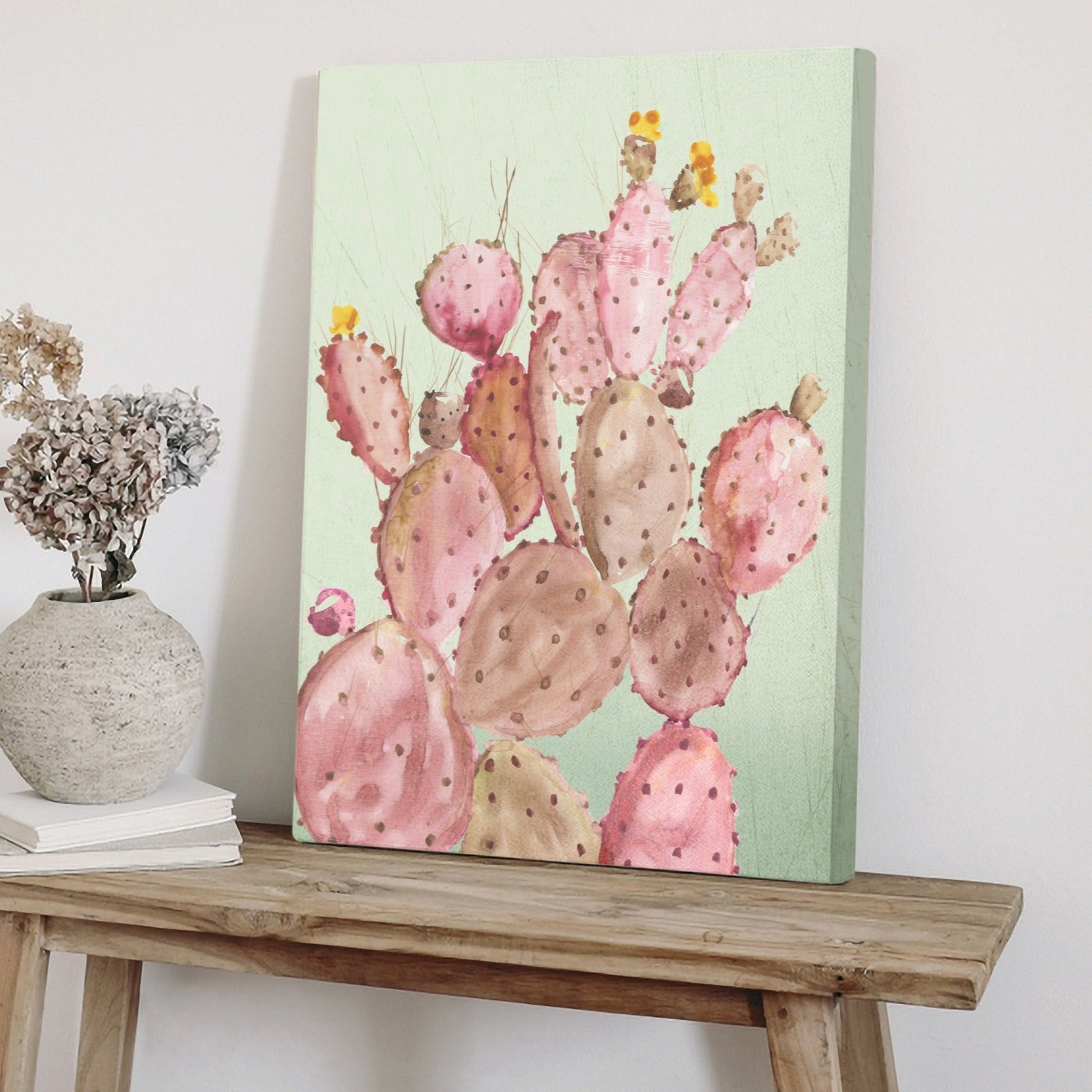 Pink coral cactus wall art canvas painting for living room decor. Modern minimalist design, ready to hang.