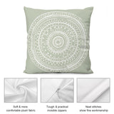Sage green plush pillow cover with white mandala design. Soft fabric with invisible zipper and neat stitches.