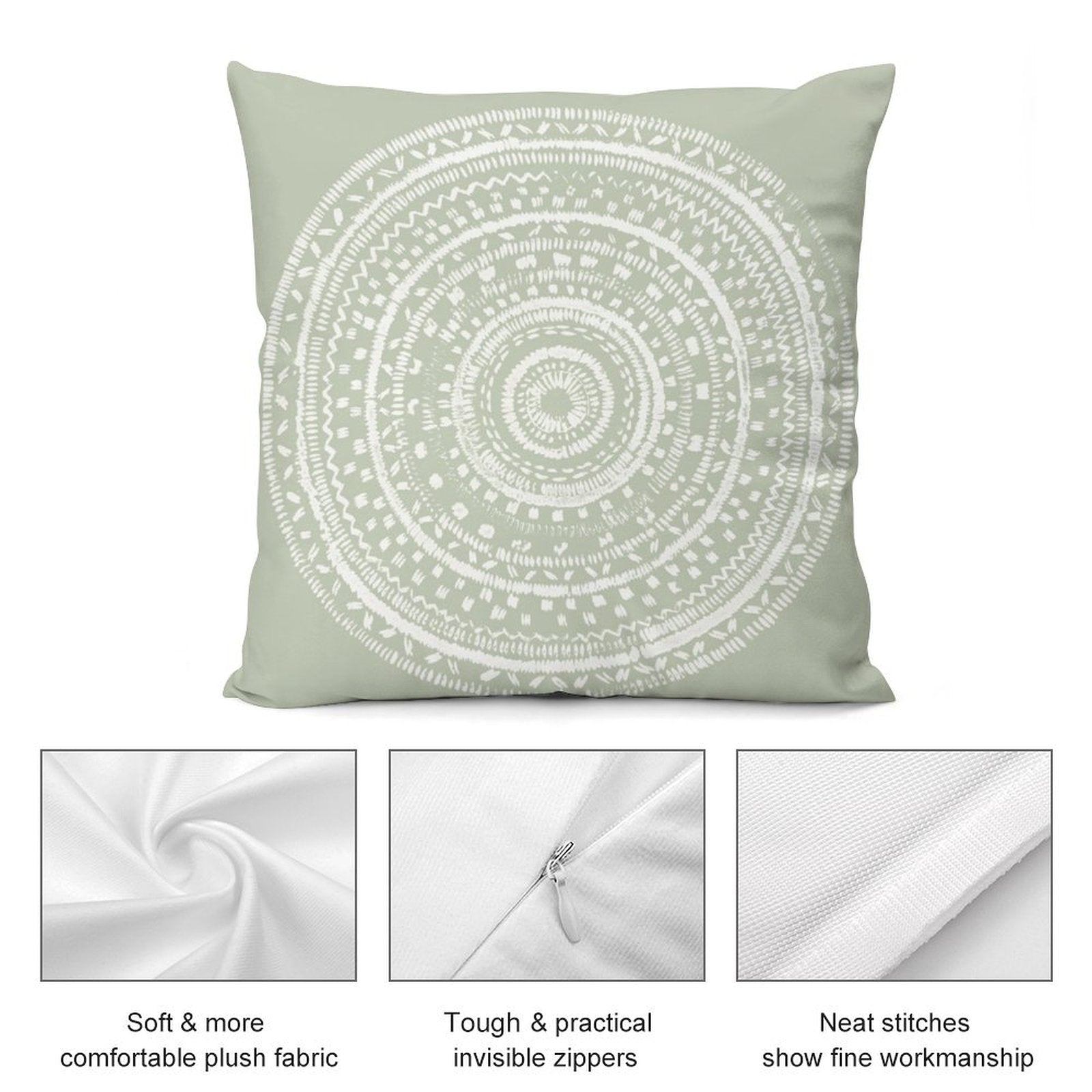 Sage green mandala throw pillow cover; soft plush fabric, invisible zipper, neat stitches for sofa decor