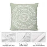 Sage green mandala throw pillow cover; soft plush fabric, invisible zipper, neat stitches for sofa decor