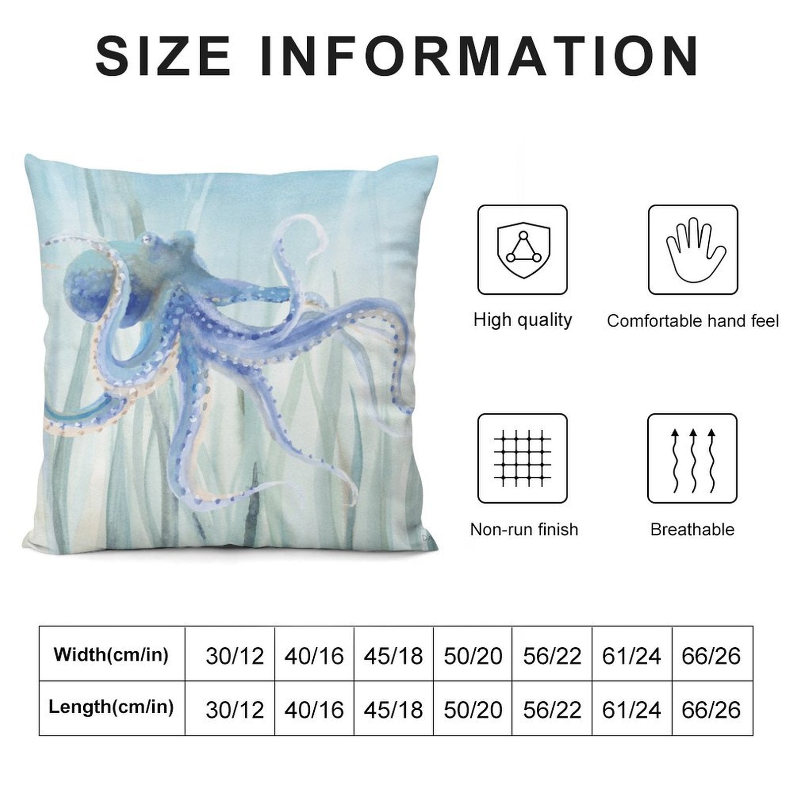 Blue octopus watercolor pillow cover, soft and breathable for sofa or living room, multiple sizes available