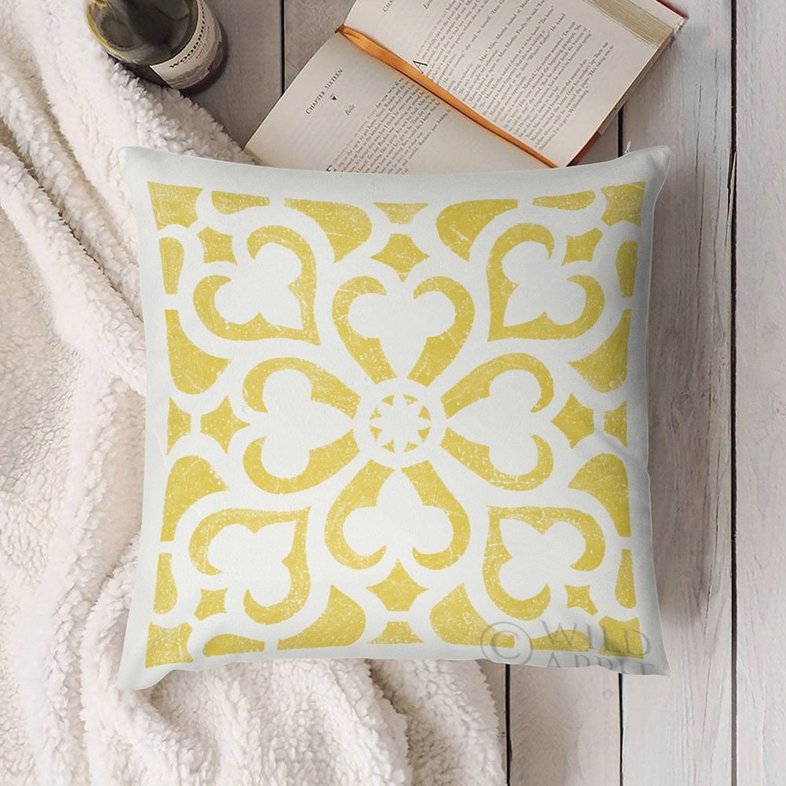 Yellow floral pattern plush pillow cover, soft and cozy decorative pillow for sofa or couch from MyArtsyGift.