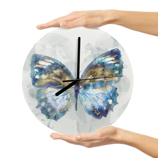 Modern blue butterfly MDF wall clock. Artistic design for kitchen, living room, or office decor.