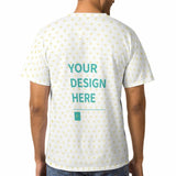 Custom men's t-shirt with 'YOUR DESIGN HERE' in teal, white polyester, MyArtsyGift product
