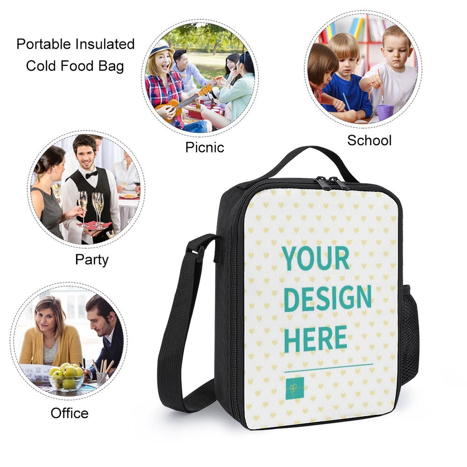 Customizable lunch bag with 'YOUR DESIGN HERE' for school, picnic and office. Durable polyester material with shoulder strap