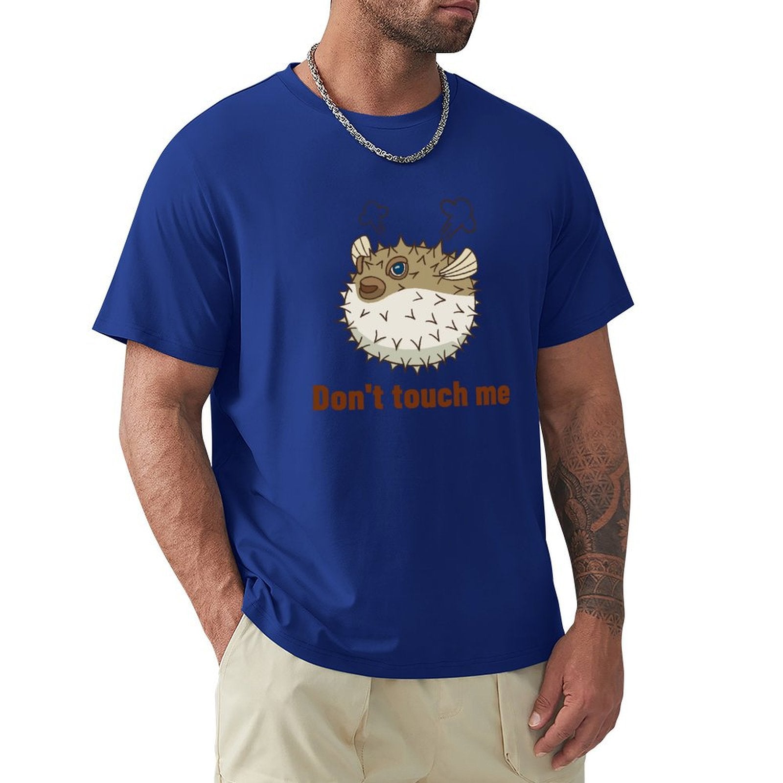 Men's blue t-shirt with pufferfish design and 'Don't touch me' text, MyArtsyGift, breathable fabric.