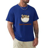 Royal blue men's short sleeve t-shirt with pufferfish graphic and "Don't touch me" text.