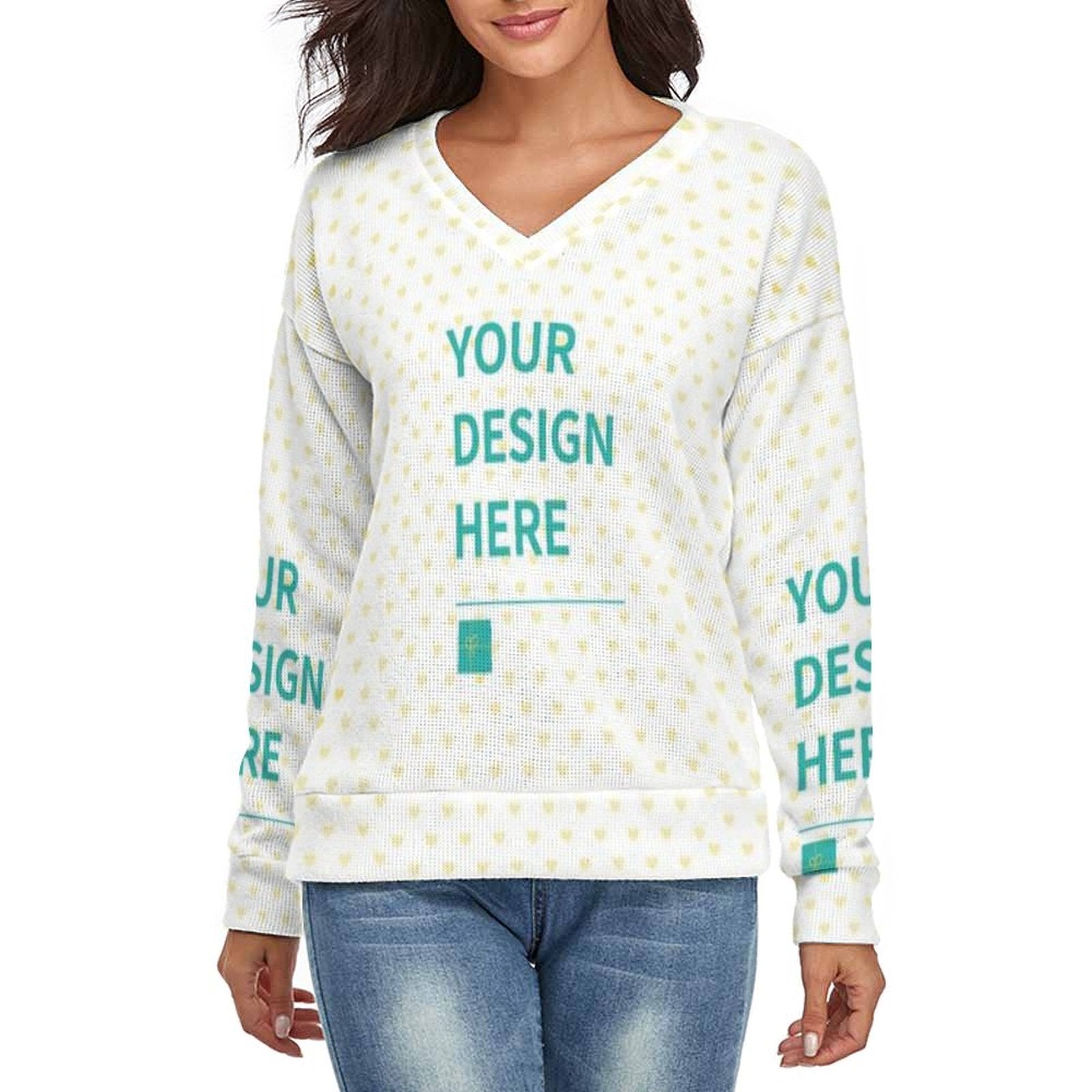 Custom V-neck sweater with 'YOUR DESIGN HERE' text, heart pattern. Made of polyester and spandex, perfect for customization.