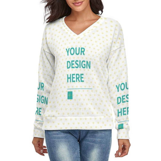 Custom V-neck sweater with 'YOUR DESIGN HERE' text, heart pattern. Made of polyester and spandex, perfect for customization.