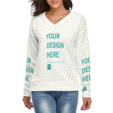 Custom V-neck sweater with 'YOUR DESIGN HERE' text, heart pattern. Made of polyester and spandex, perfect for customization.