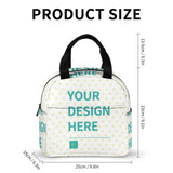 Custom lunch bag with 'YOUR DESIGN HERE' design, durable polyester, product size details.