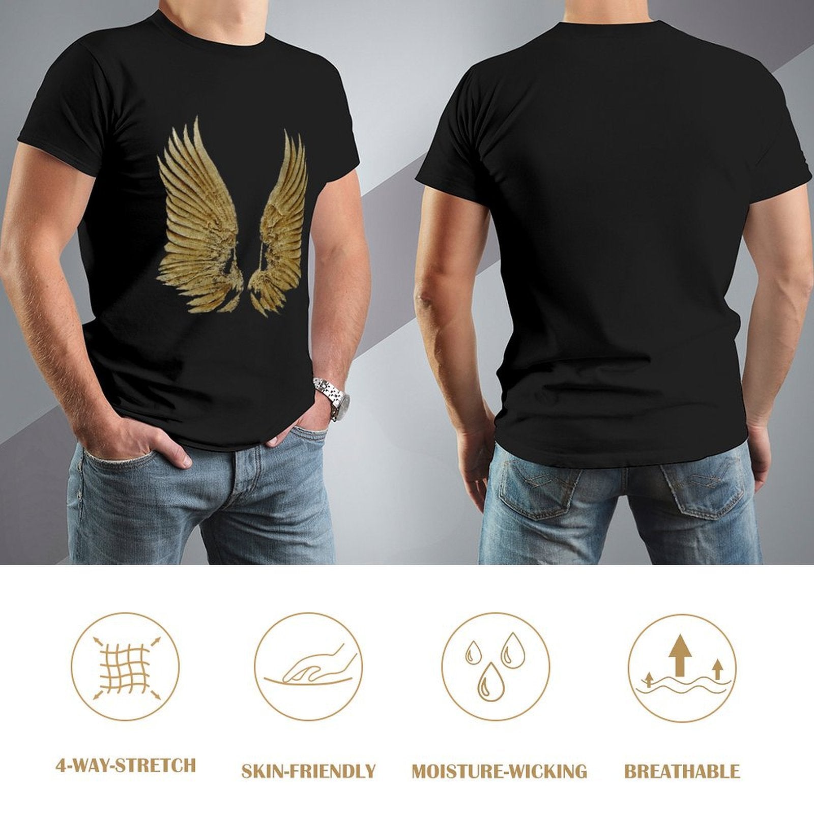 Men's black t-shirt with golden wings design. Classic tee, breathable & moisture-wicking.