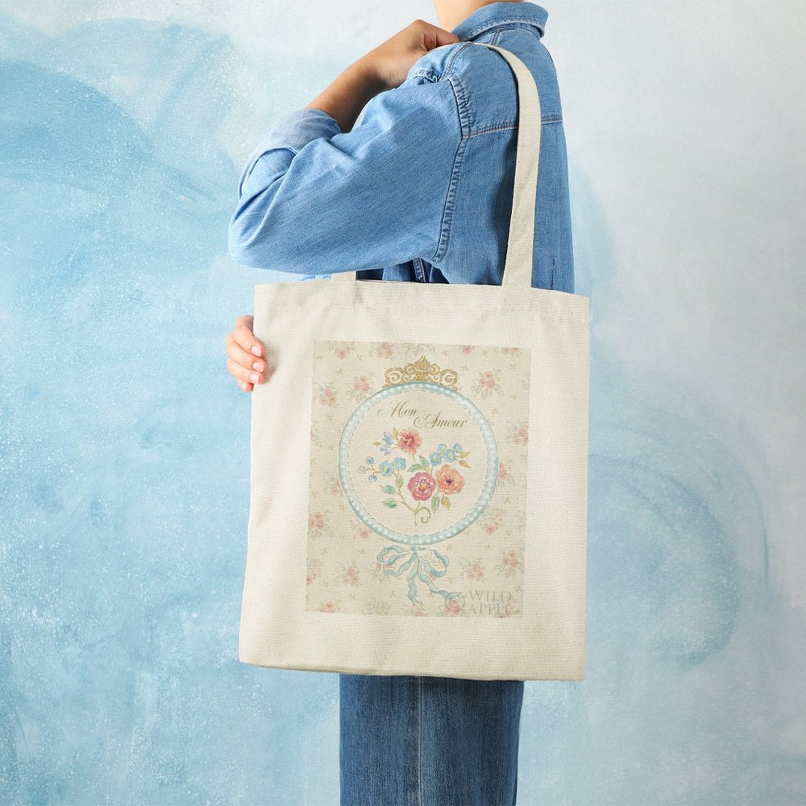 Canvas tote bag with floral 'Mon Amour' design, perfect for shopping & DIY.