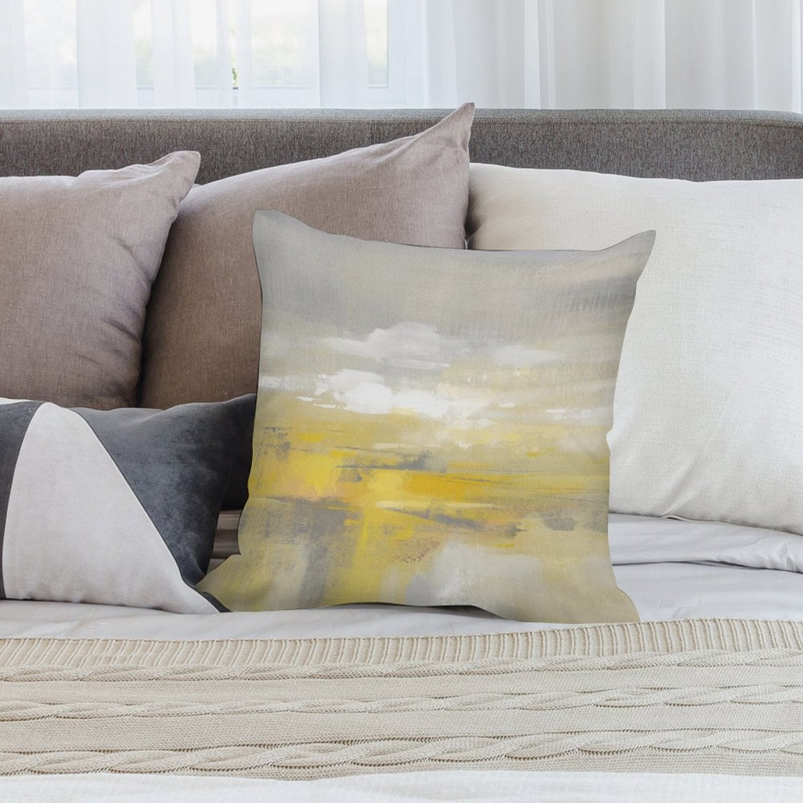 Abstract landscape art plush throw pillow cover in yellow and gray. Soft, fluffy pillow for sofa and living room.