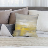 Abstract landscape art plush throw pillow cover in yellow and gray. Soft, fluffy pillow for sofa and living room.