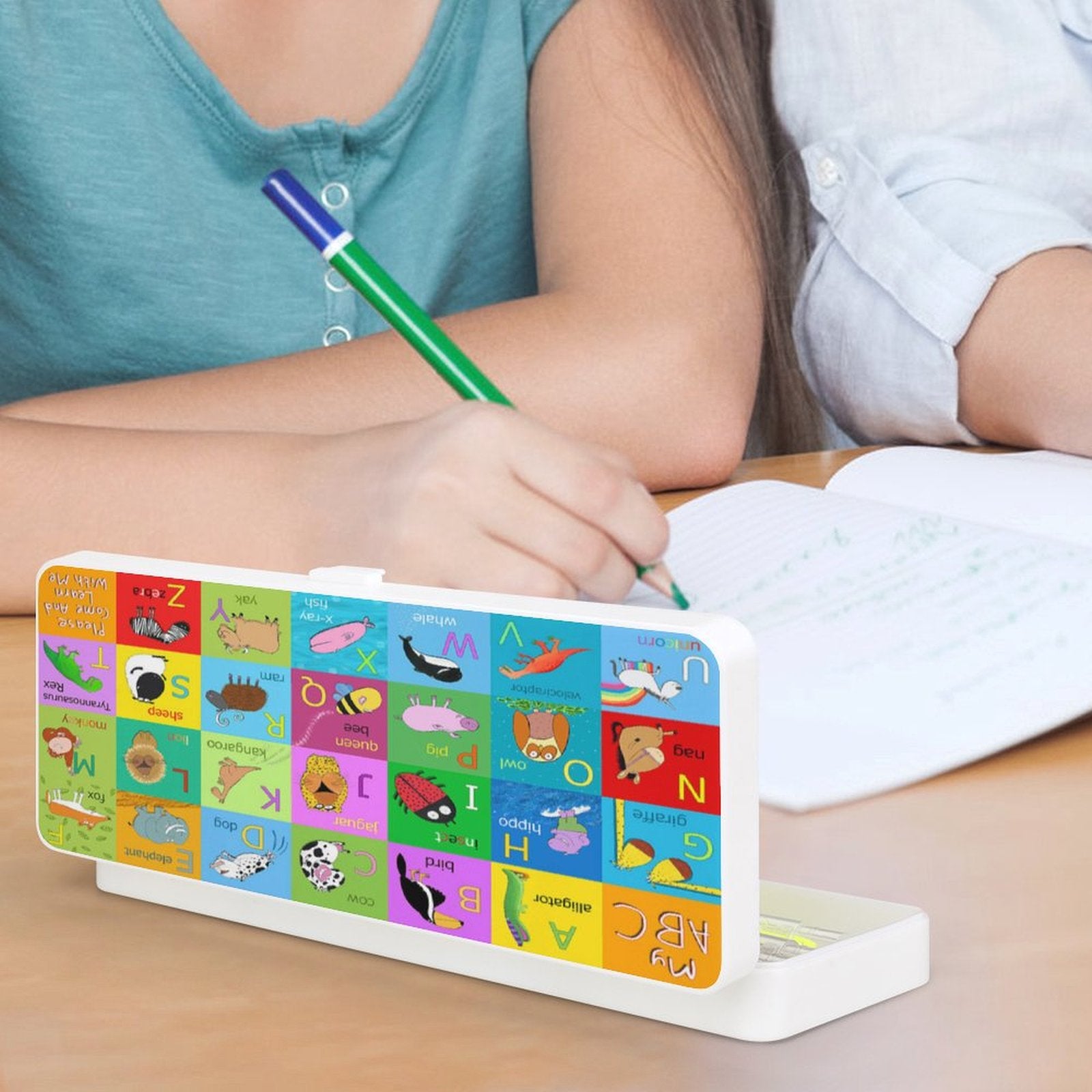 Colorful ABC pencil box with animal illustrations, perfect for kids' school and office use.