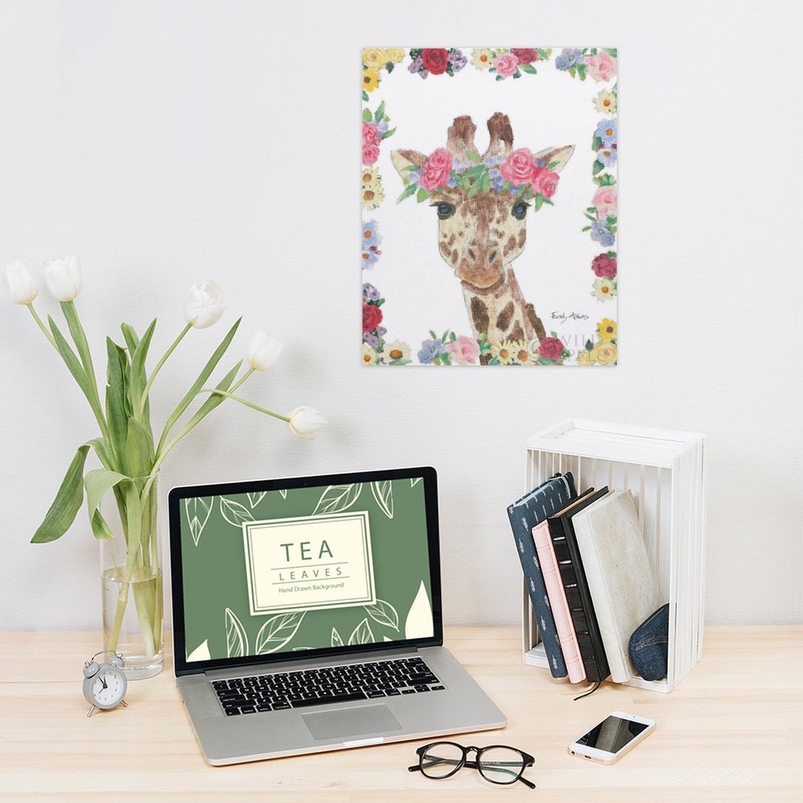 Giraffe canvas print by Emily Adams, floral crown, wall art for home decor, canvas material.