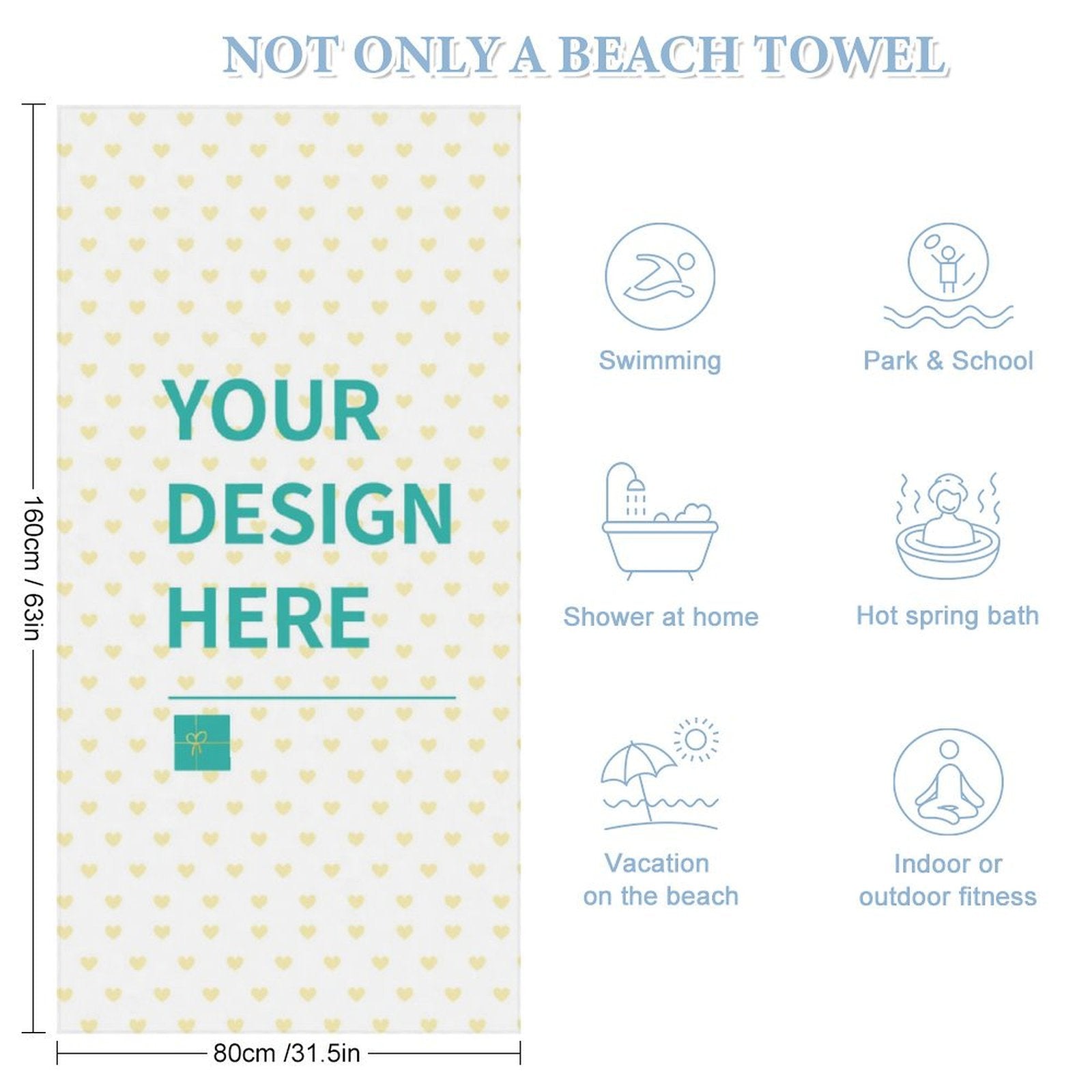 Customizable beach towel design, featuring your design, for beach, travel, and indoor/outdoor use. Available at MyArtsyGift.